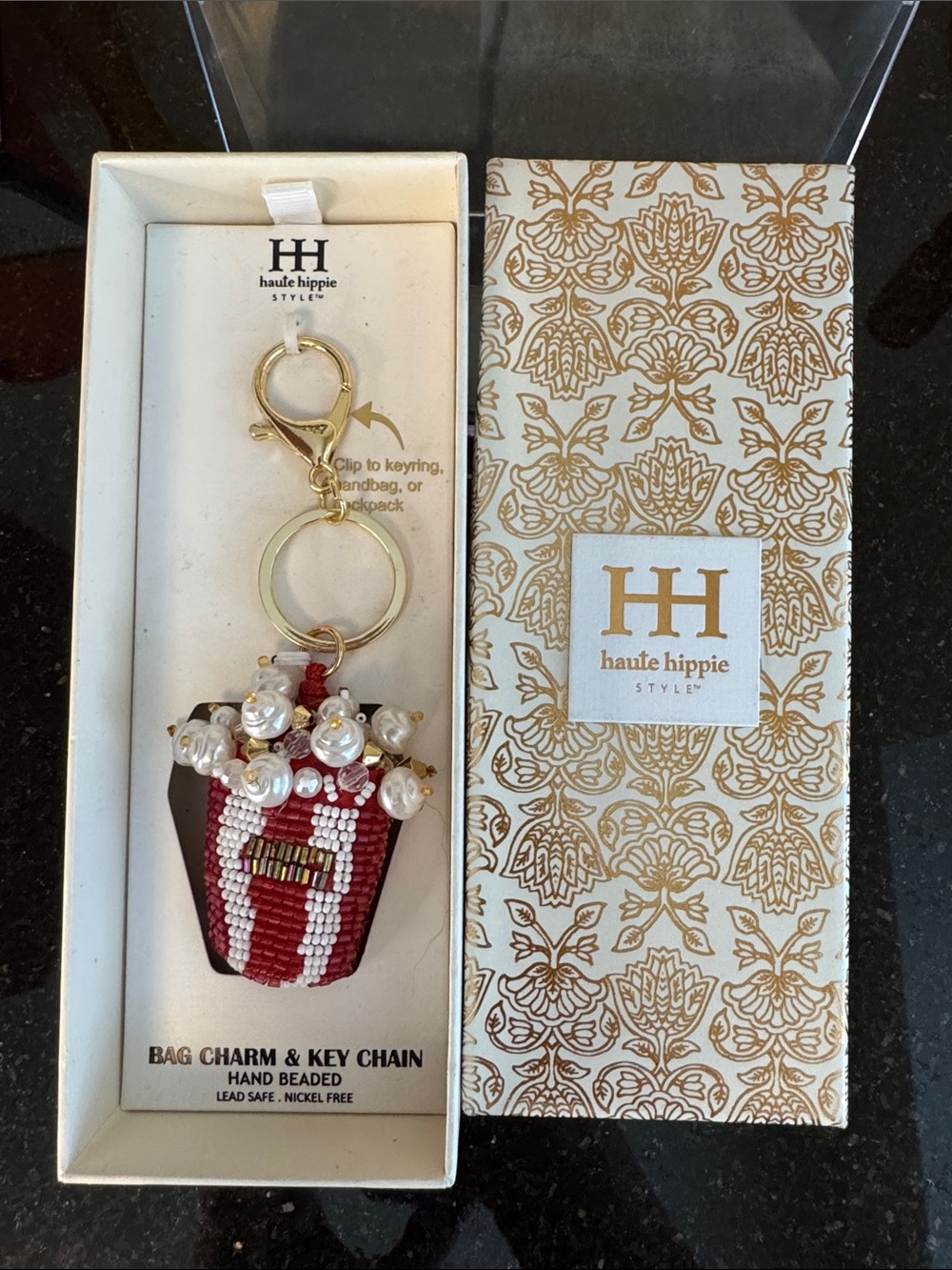 Haute Hippie Red and White Beaded Key Chain with Pearl Accents